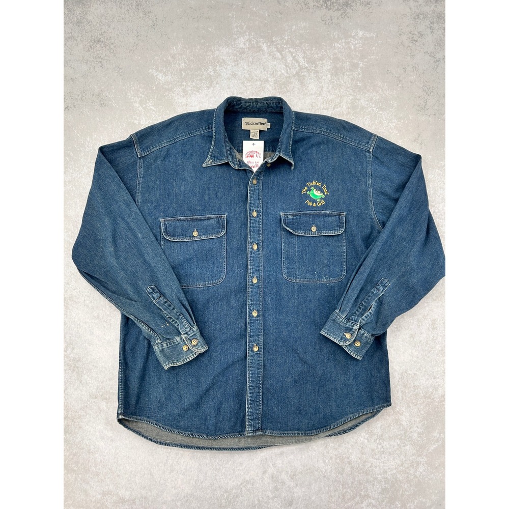 Quickreflex Vintage Denim Shirt XL Toadally Awesome Tickled Toad Pub Grill Blue